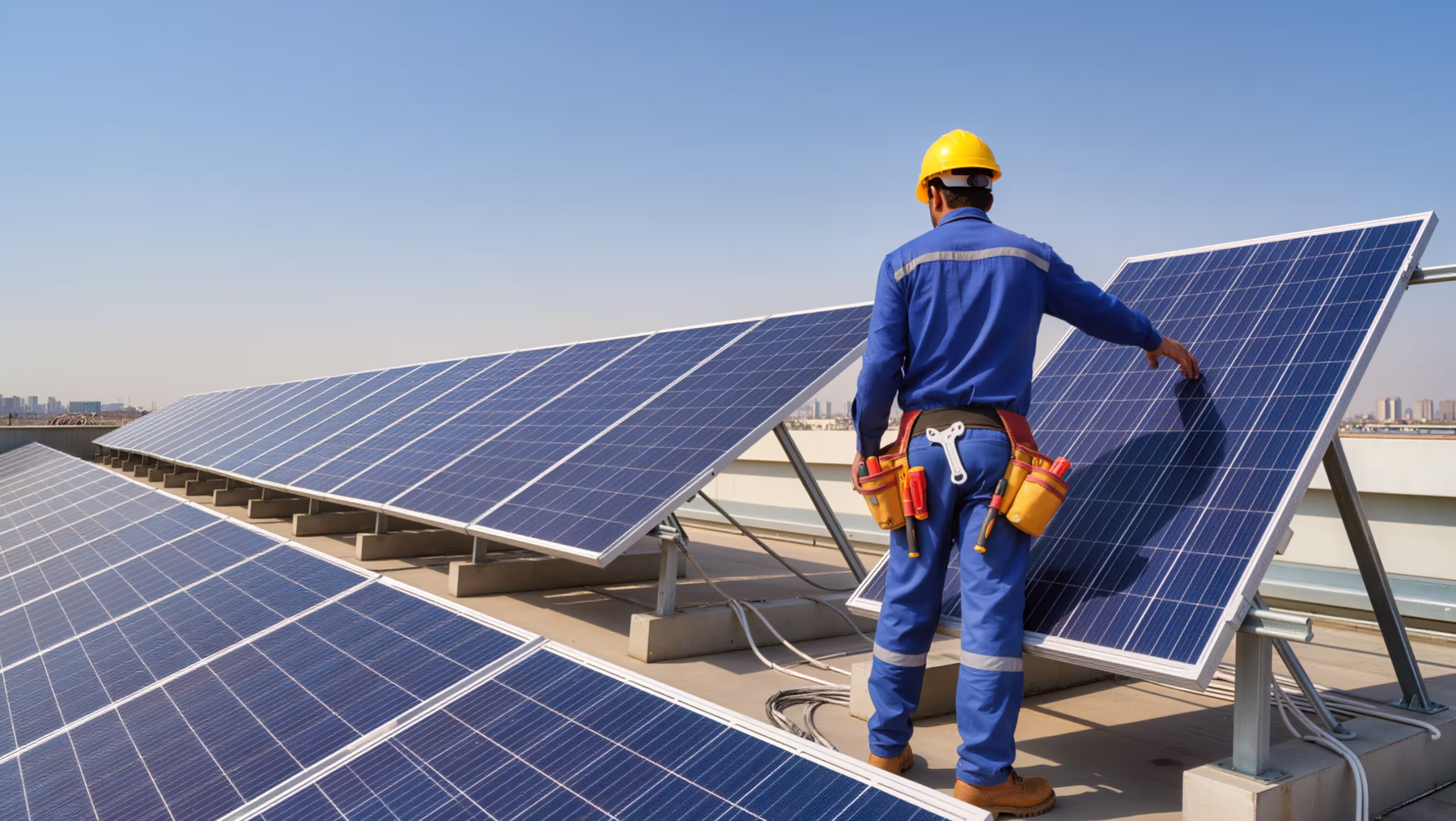 Ein weißer Bauarbeiterhut liegt auf den Solarpanelen auf dem Dach eines Einfamilienhauses