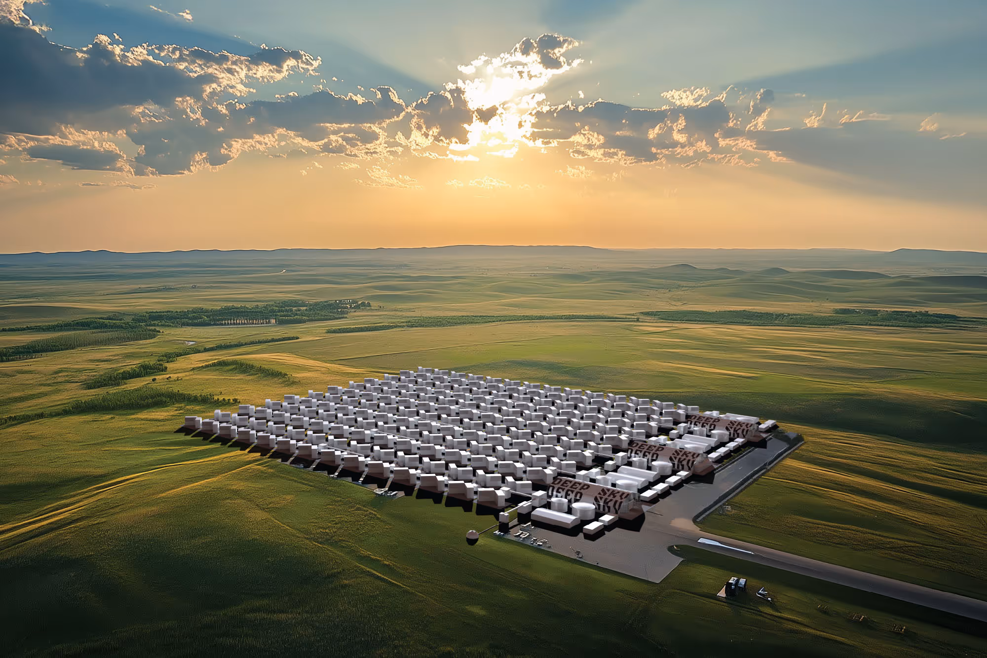 Vue aérienne d'un grand ensemble de bâtiments modulaires blancs disposés en damier sur une plaine verdoyante, sous un ciel lumineux au coucher du soleil parsemé de nuages épars.