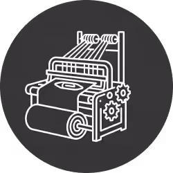 White line drawing of a textile weaving machine on a dark circular background.