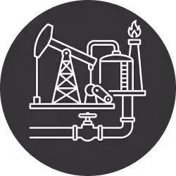 White outline icon of an oil pumpjack and refinery equipment with a flame on a dark circular background.