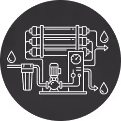 Diagram of a water filtration or purification system showing pipes, filters, gauge, pump, and water droplets.