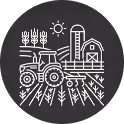 White line drawing of a tractor, barn, silo, crops, and sun inside a dark circle.