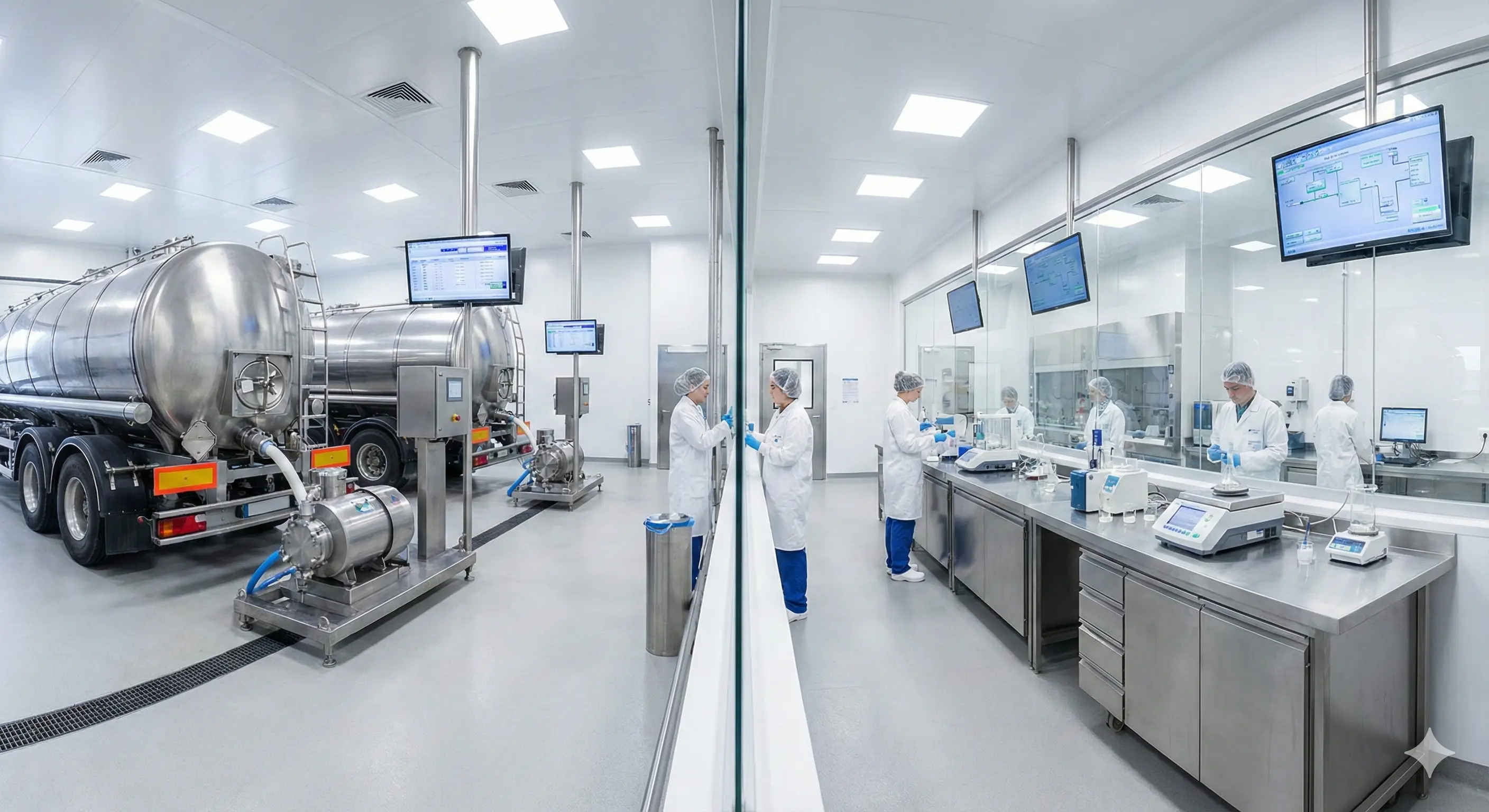 Milk reception and testing area in modern ice cream plant.
