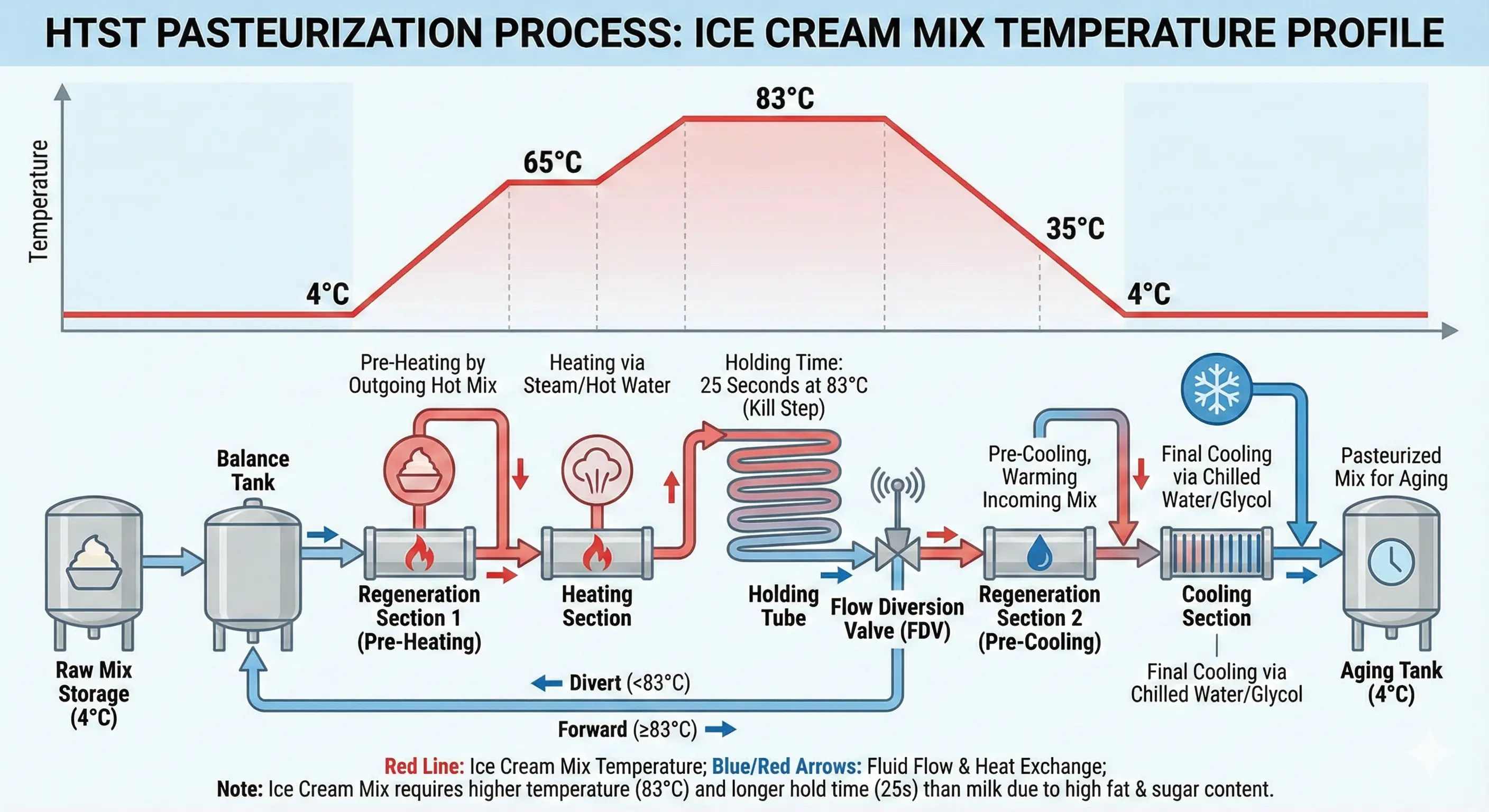 visualization of HTST pasteurization process showing temperature changes through each stage