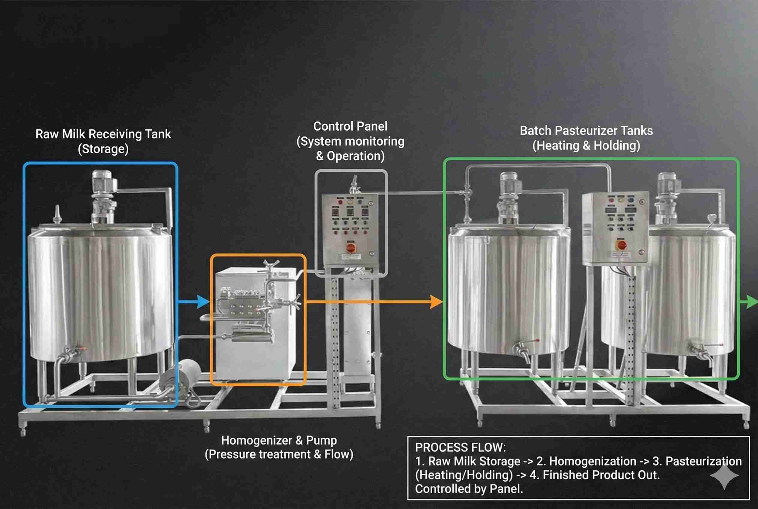 Complete milk processing line showing pasteurizer, homogenizer, storage tanks and cooling.