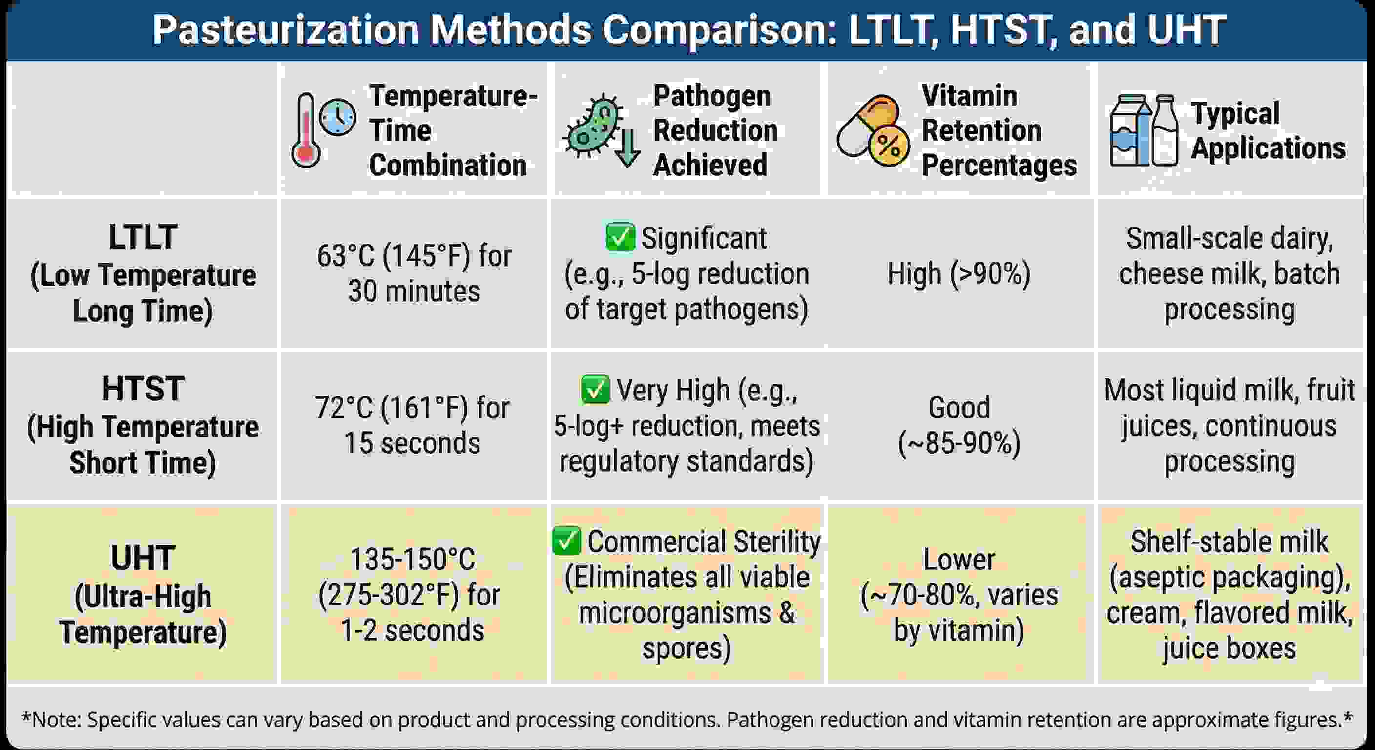 Comparison table showing temperature-time combinations, pathogen reduction achieved, vitamin retention percentages, and typical applications for LTLT, HTST, and UHT methods