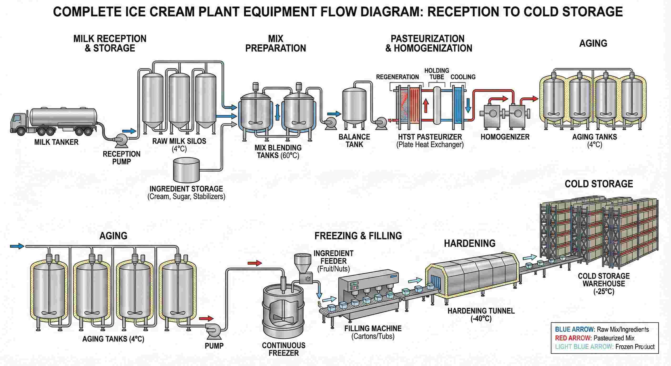 Complete equipment flow diagram showing all machinery from milk reception to cold storage