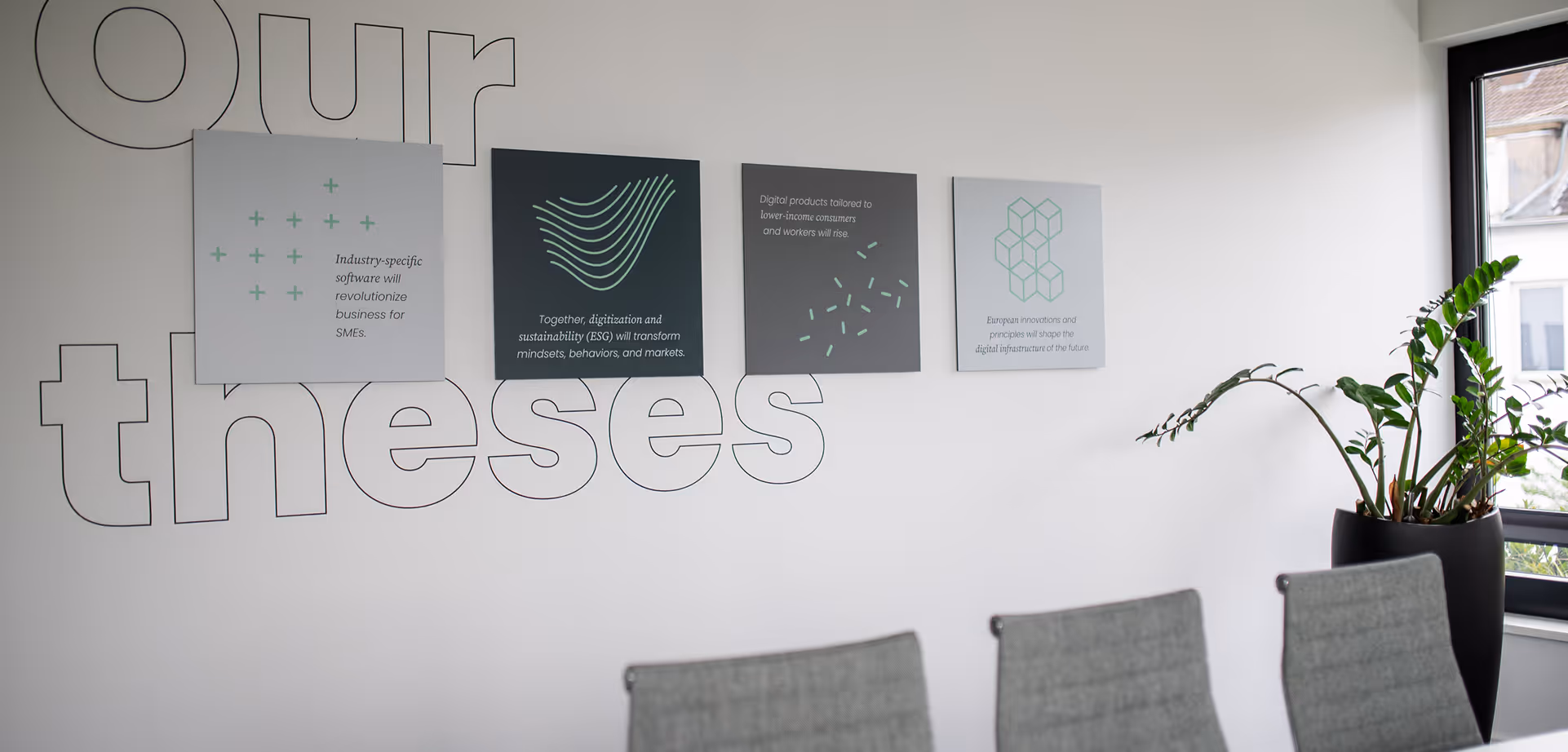 Meeting room in the Cusp Capital office with their thesis on the wall