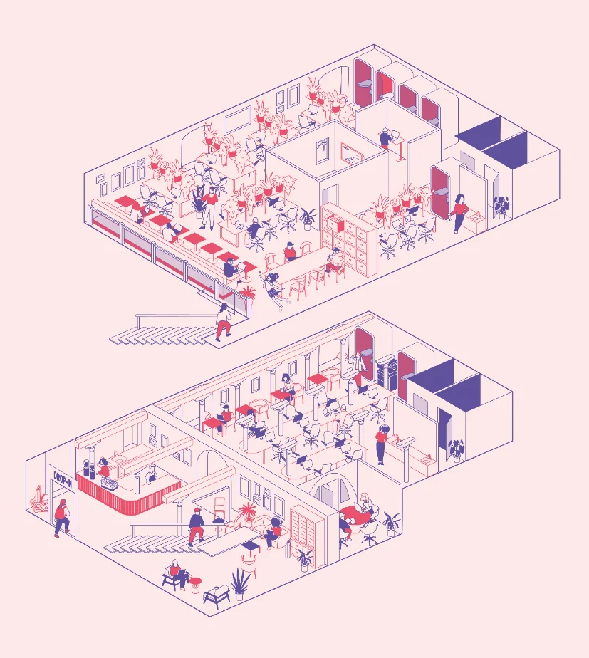 Floorplan of Drop-in Wandsworth showing workstations, phonebooths and meeting room