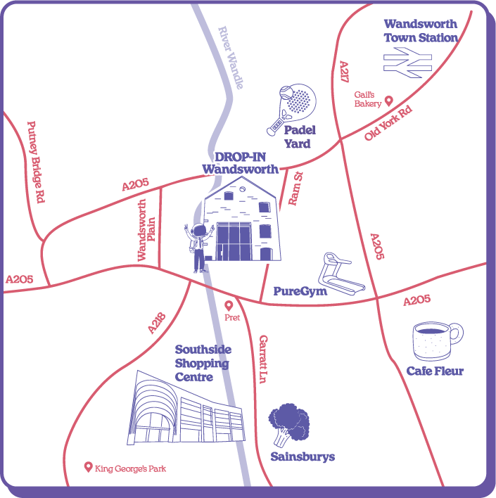 Hand-drawn map of Drop-in Wandsworth and the surrounding neighbourhood