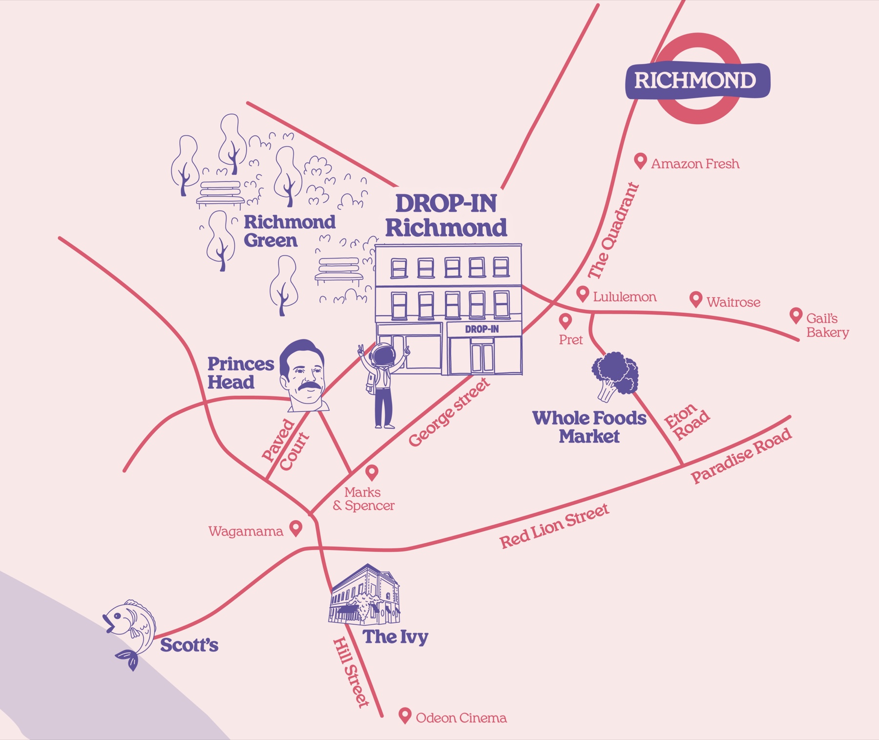 Hand-drawn map of Drop-in Richmond and the surrounding neighbourhood