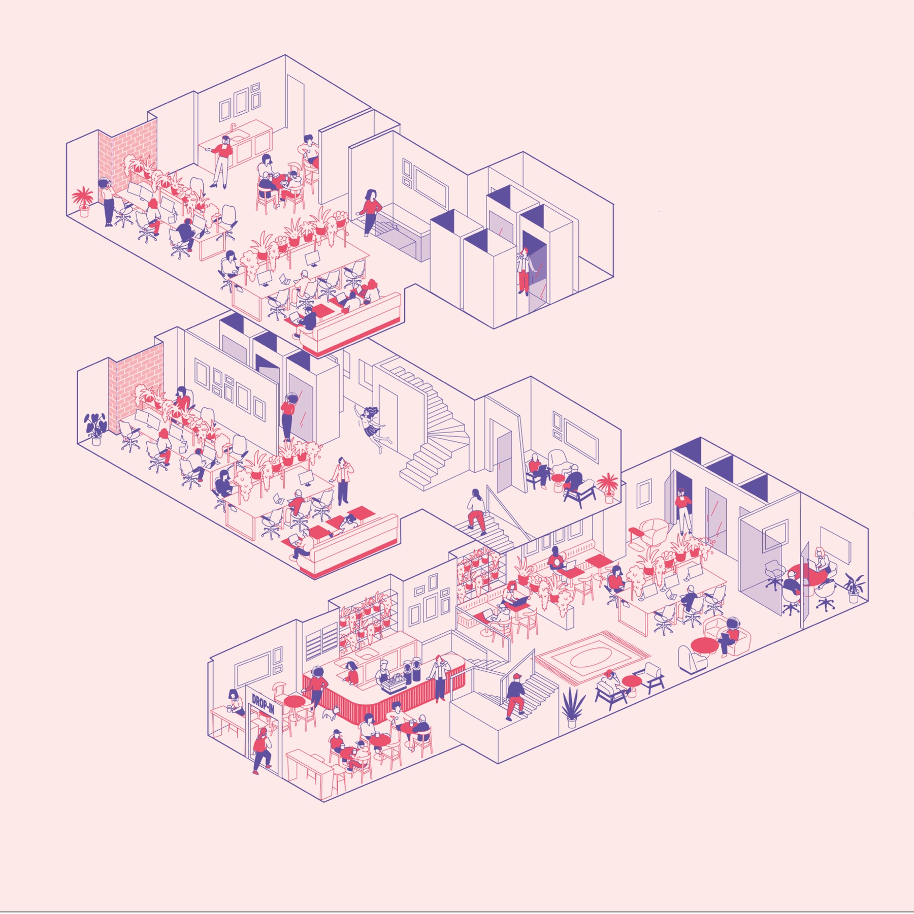 Cutaway illustration of the Drop-in Richmond building showing the caf&eacute;, hot desks, phonebooths and meeting room across its floors