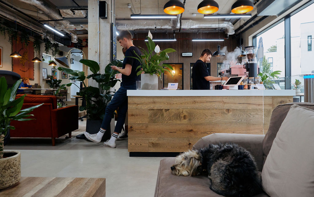 The caf&eacute; counter and barista at Drop-in Clapton coworking, Hackney E5