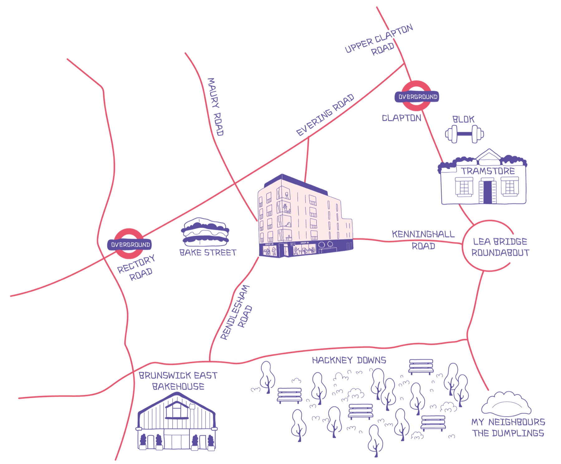 Hand-drawn map of Drop-in Clapton and the surrounding Hackney neighbourhood