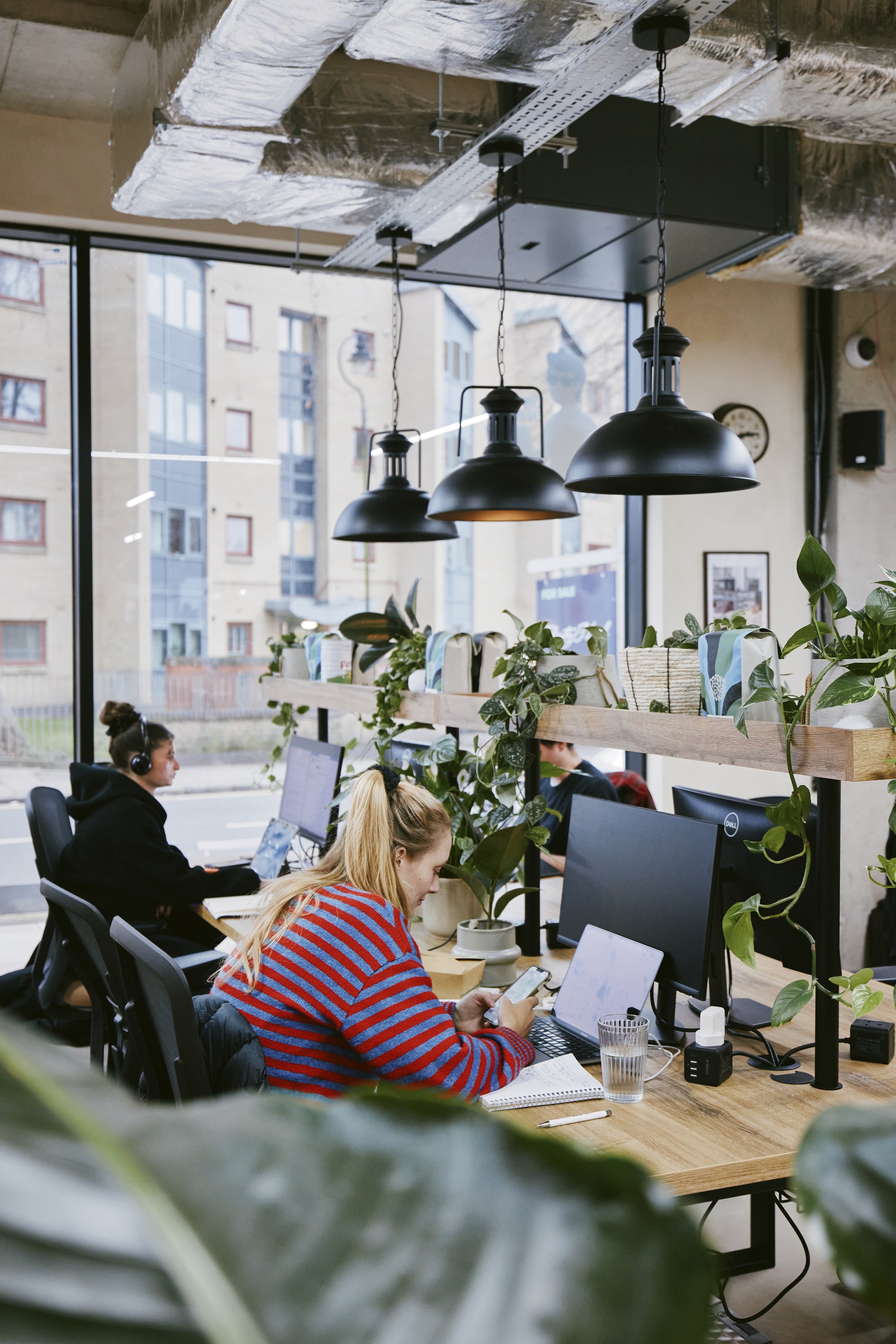 Members working at desks among the plants at Drop-in Clapton
