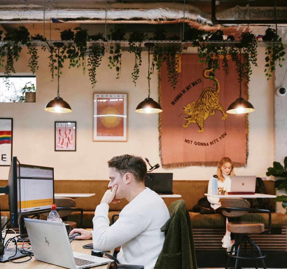 Members heads-down at desks under the plants at Drop-in Clapton, Hackney E5