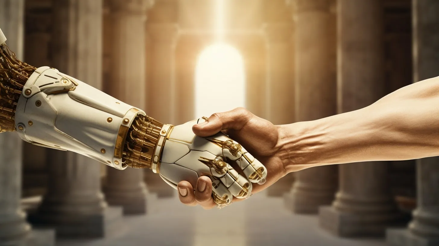 Une poignée de main entre un robot IA et une homme
