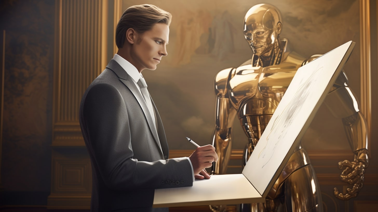 Un homme écrit sur un tableau avec un robot