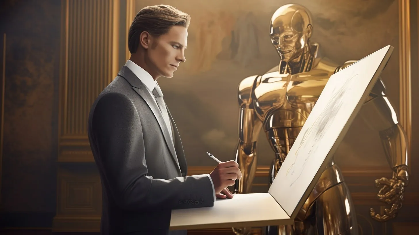 Un homme écrit sur un tableau avec un robot