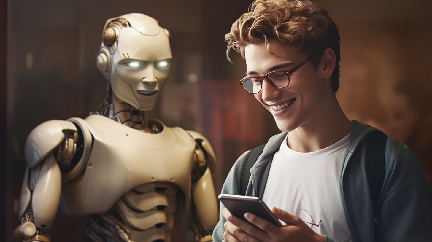 Un ado est sur son téléphone vaec un robot