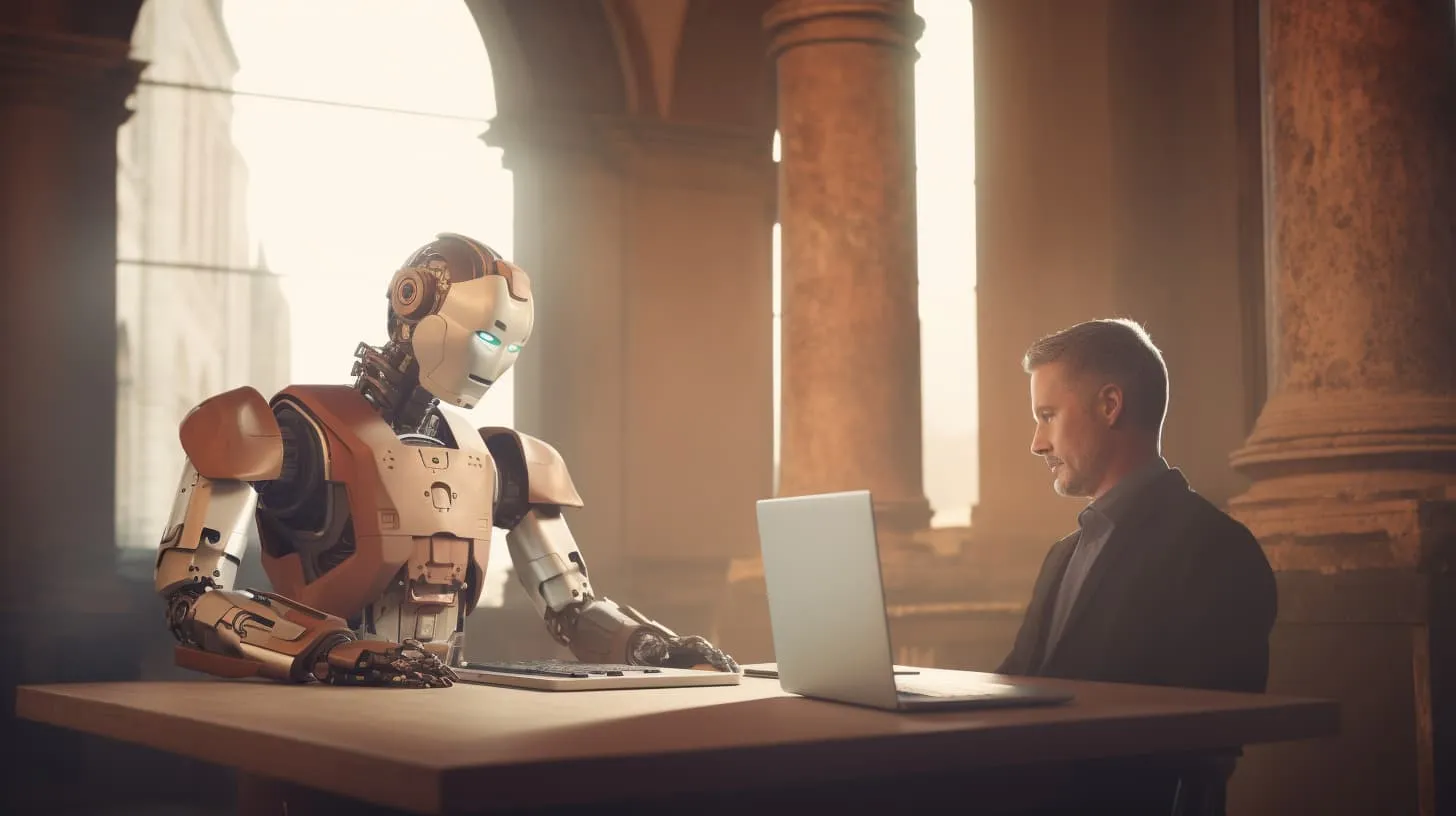 Un robot aide un humain sur son ordinateur