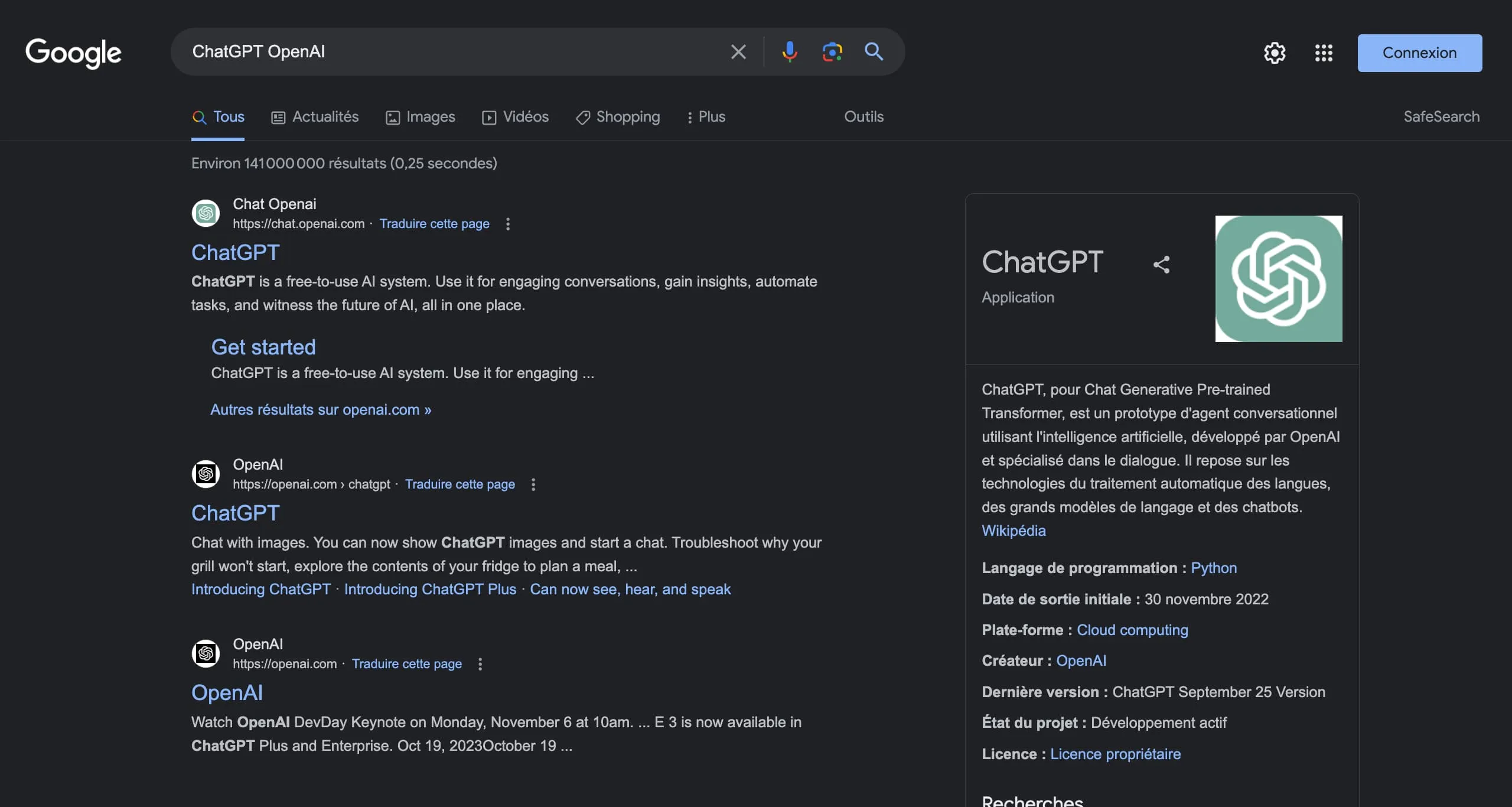 Recherche Google du site OpenAI