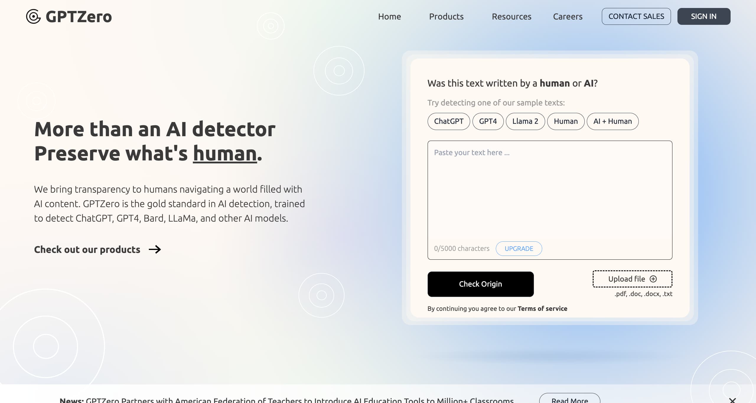 Landing page GPTZero
