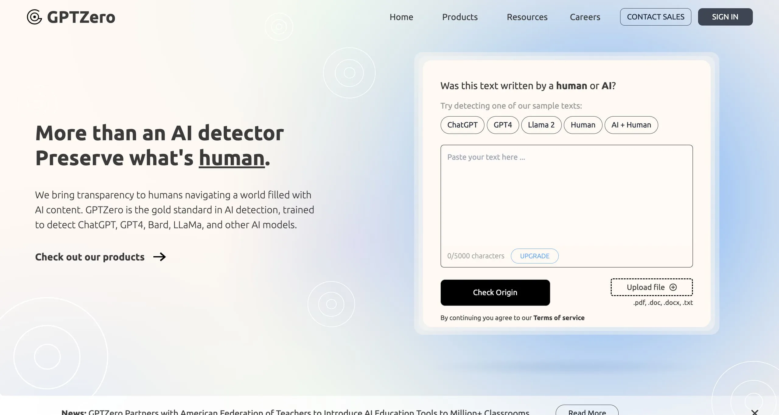 Landing page GPTZero