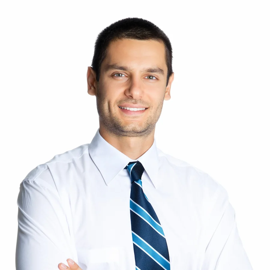 a man in a white shirt and blue tie