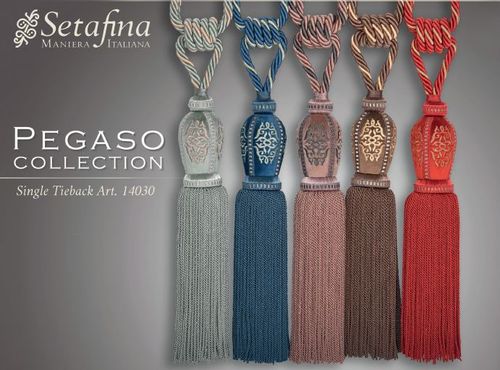 Five decorative tiebacks of Pegaso Collection in various colors hang vertically against a gray background.