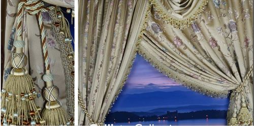 Elegant curtains with floral patterns featuring our Callisto Collection frame a serene twilight view of a lake and mountains. The scene conveys a calm, picturesque atmosphere.