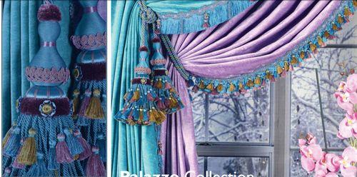 Blue and purple curtains with tiebacks and fringes of Palazzo collection, elegantly draped, adding a touch of color and texture to the room.