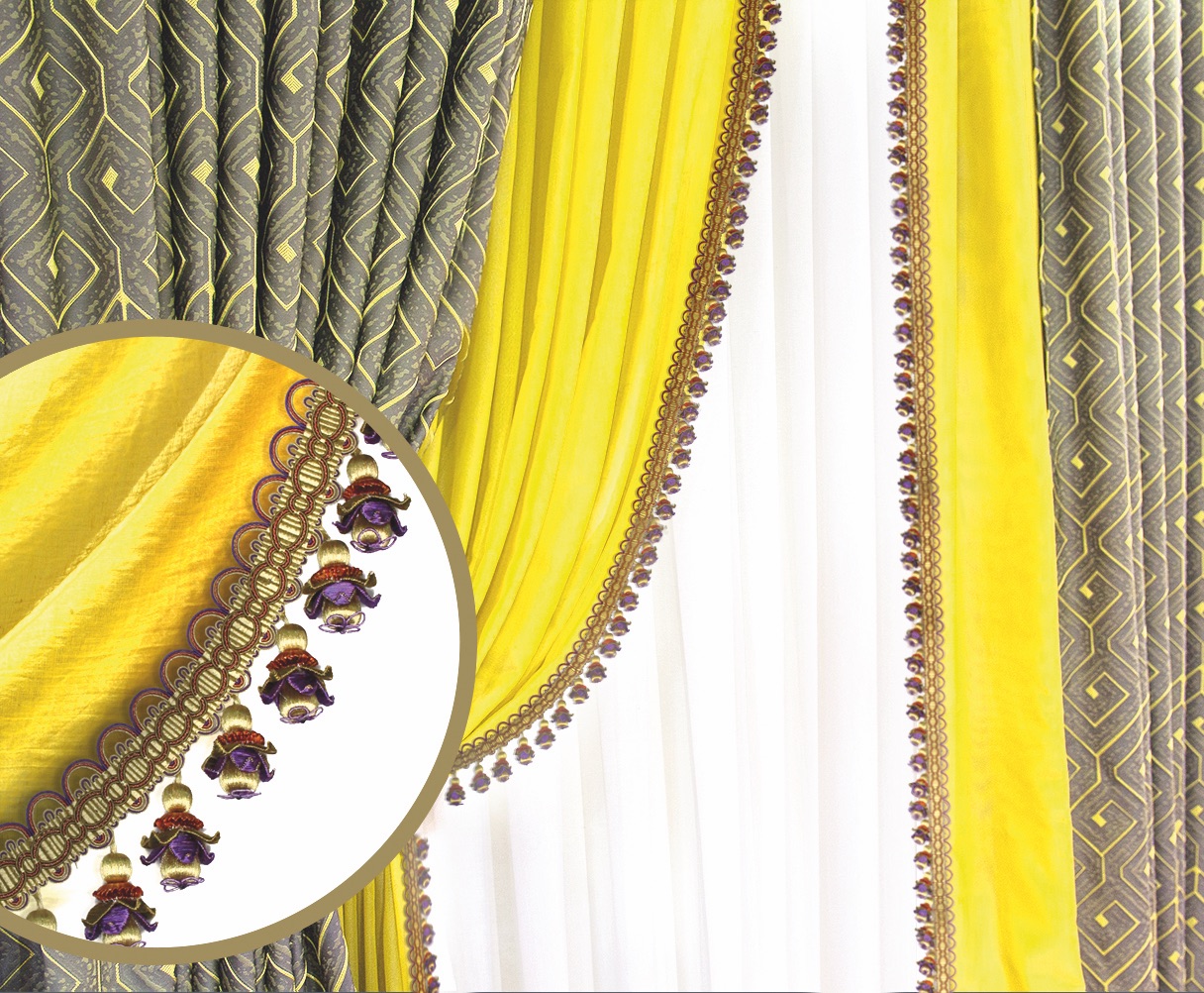 Decorative yellow and gray curtains with intricate patterns hang elegantly. A close-up shows detailed trim with purple floral fringes of Rumi collection, adding a luxurious touch.