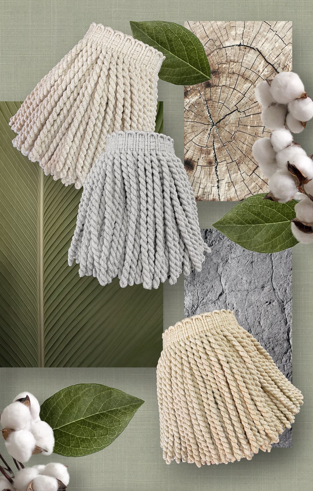 Three fringes of Naturale collection in beige, gray, and cream are layered over textured backgrounds with green leaves and white cotton flowers, creating an earthy, organic mood.