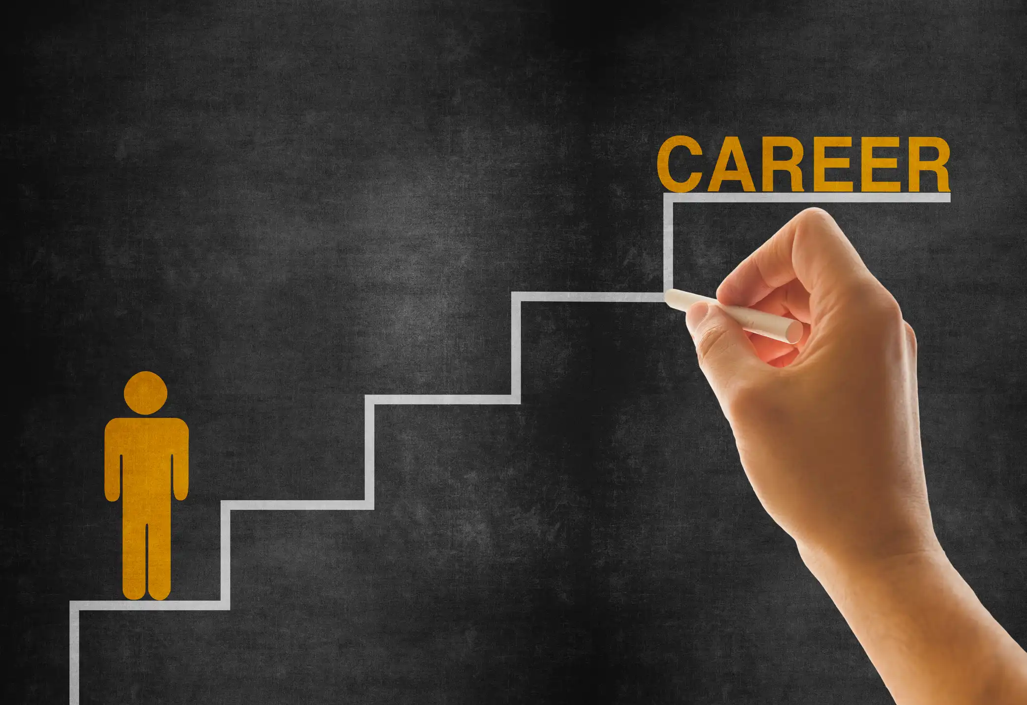 Icon of a person on a bottom of drawn steps to the top of the step where it says the word "Career"