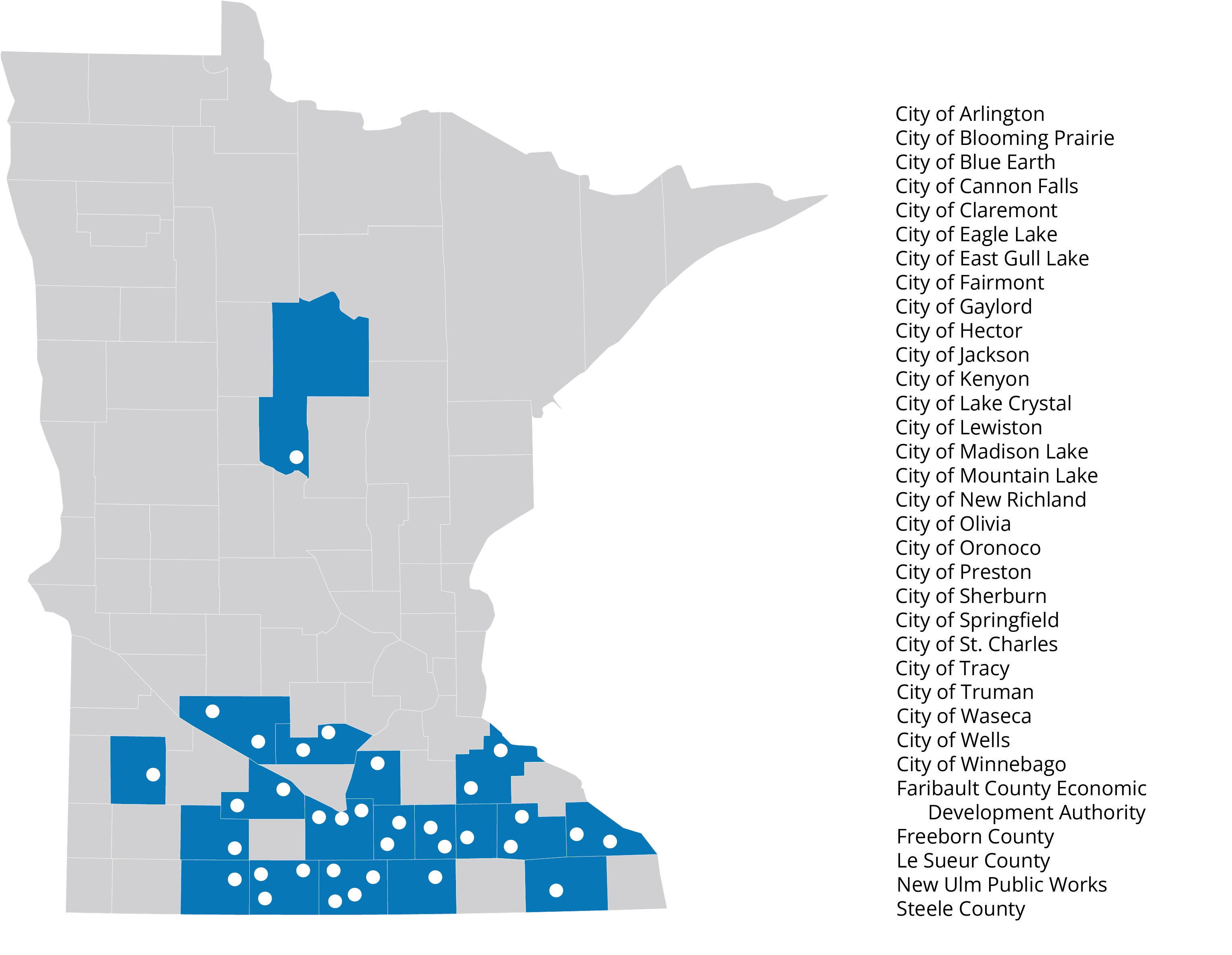 Map of Minnesota with counties, cities and government agencies highlighted