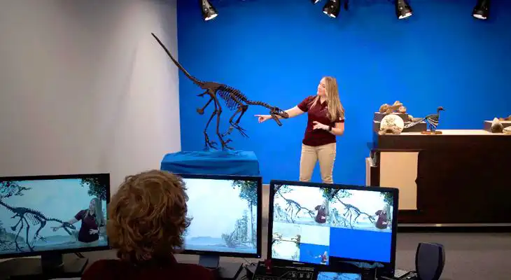 A presenter in front of a blue screen with a skeleton of a dinosaur next to them.