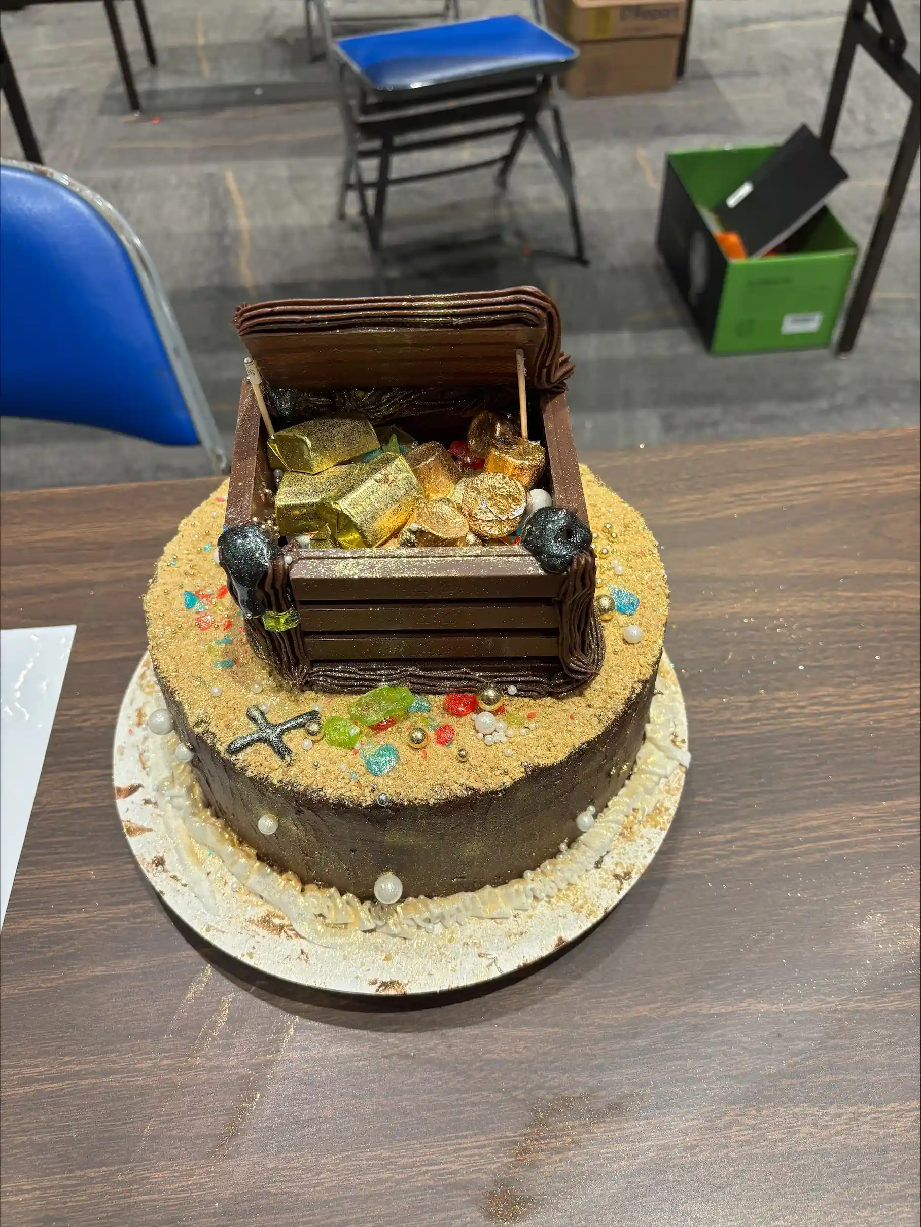 Cake decorated with treasure chest on it.