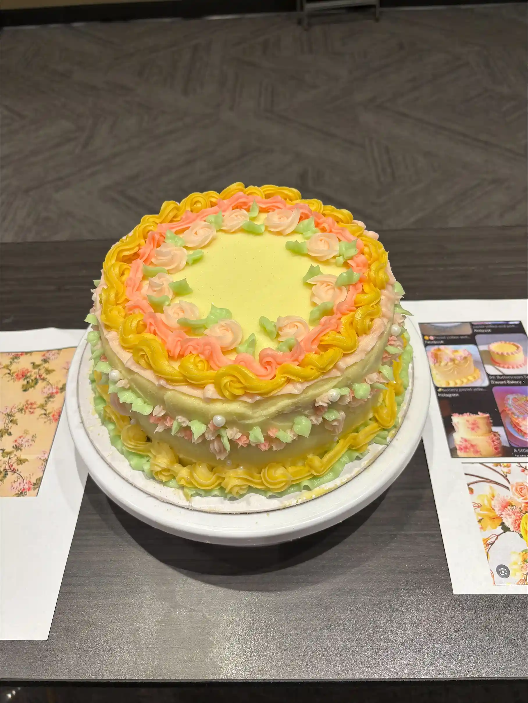 Cake decorated with orange, green and pink frosting