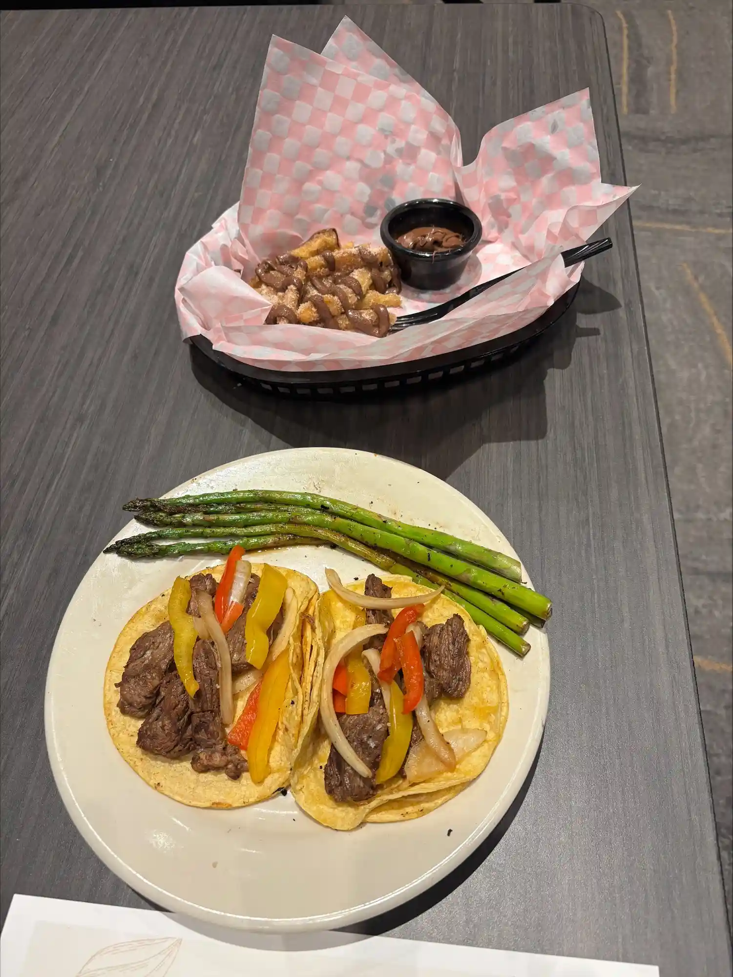 food on a plate and a basket