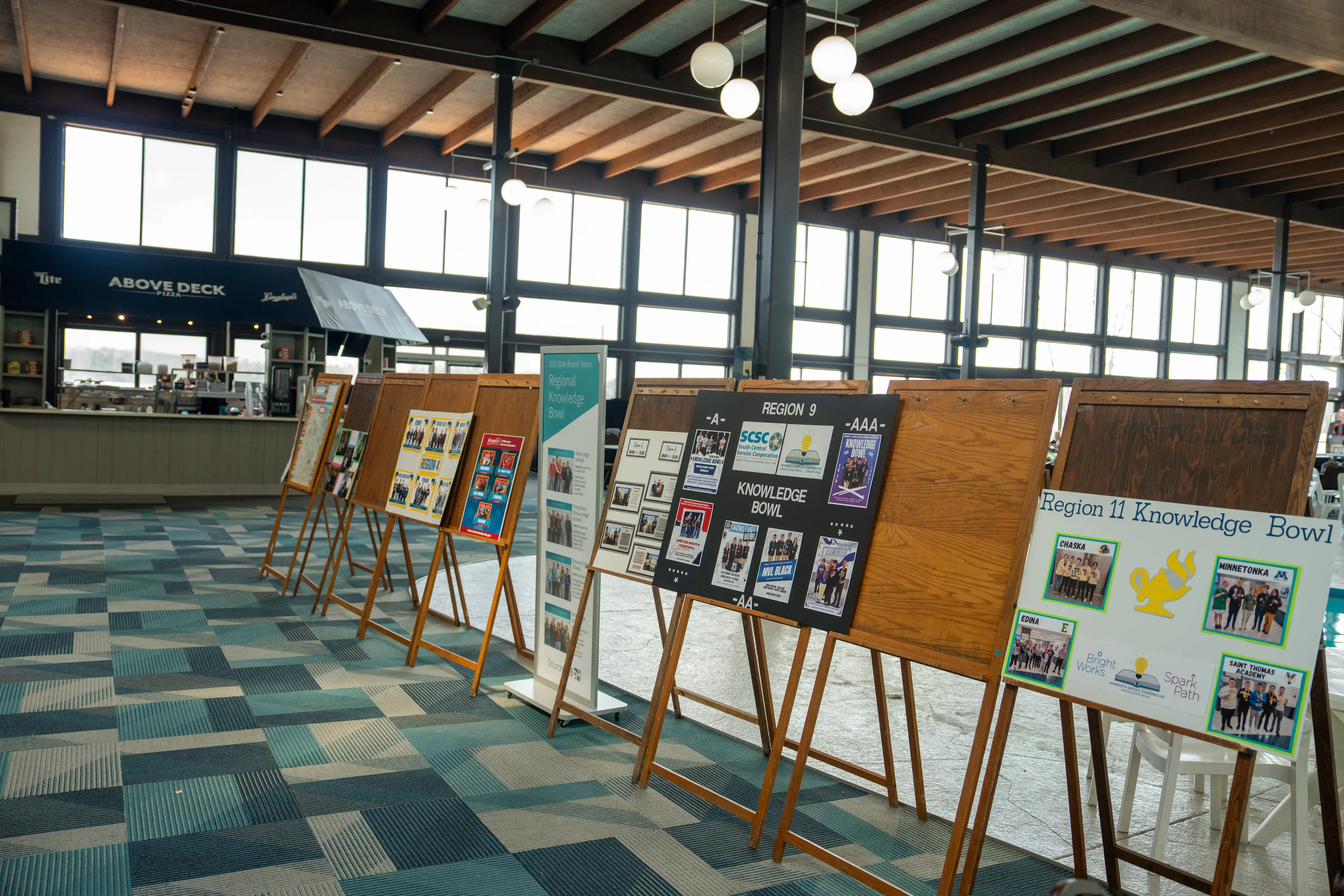 Poster boards about the winning teams from each region