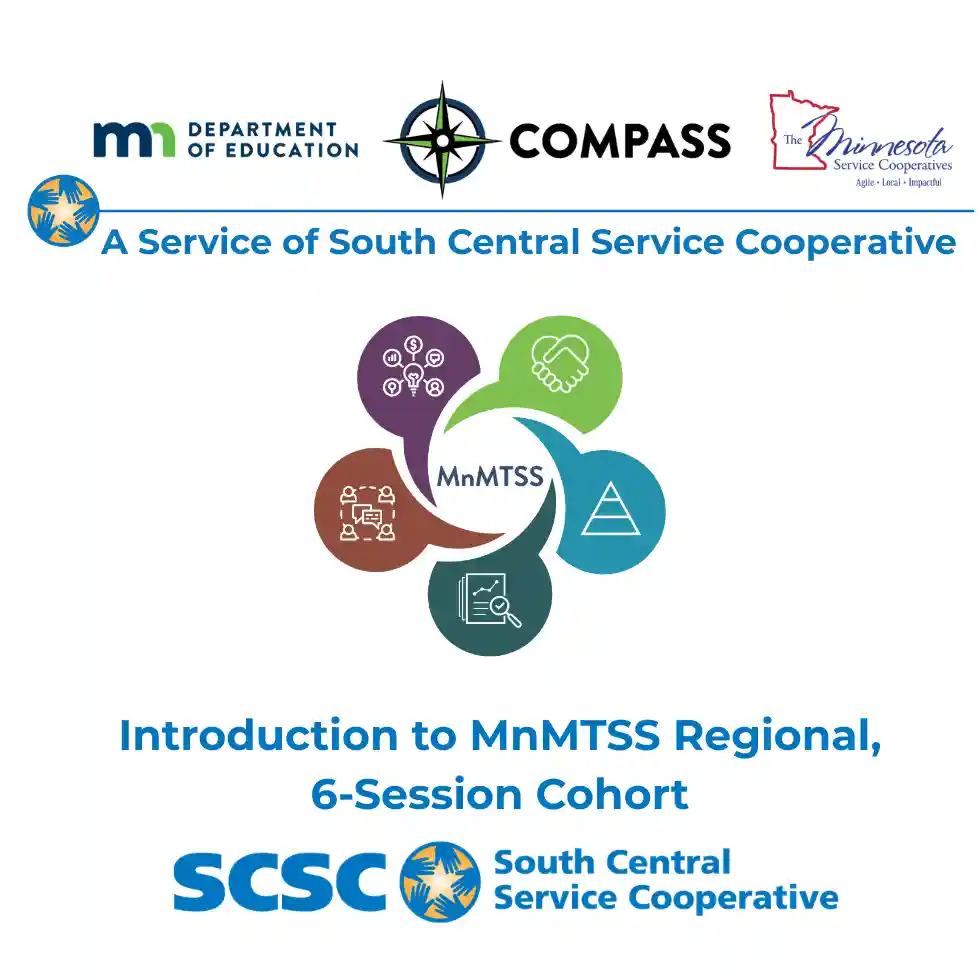 MnMTSS framework icon with the logos of SCSC, MN Department of Education, MN Service Cooperatives and COMPASS