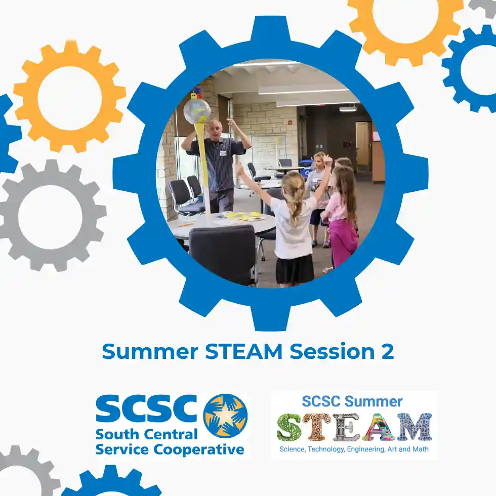 Cog wheels in the background and a picture of student working a STEAM project with an adult on a table