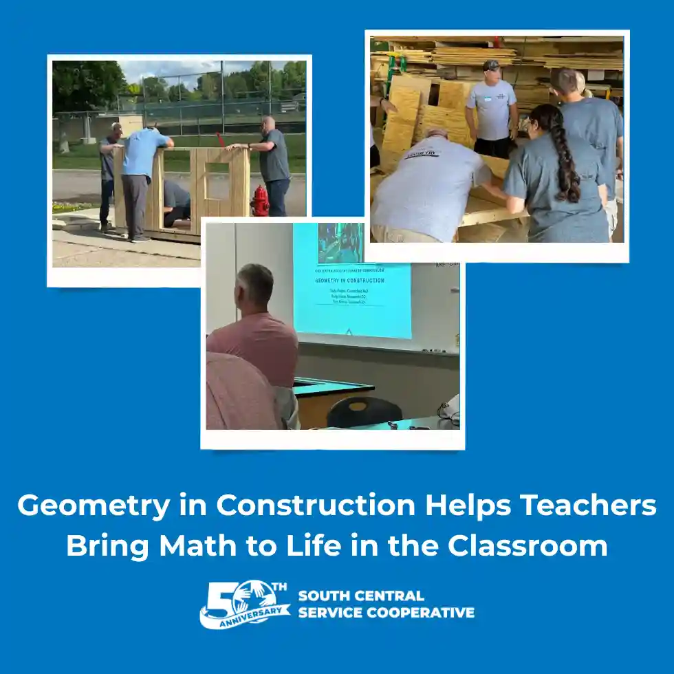 various images of teachers in a classroom and constructing a buildling