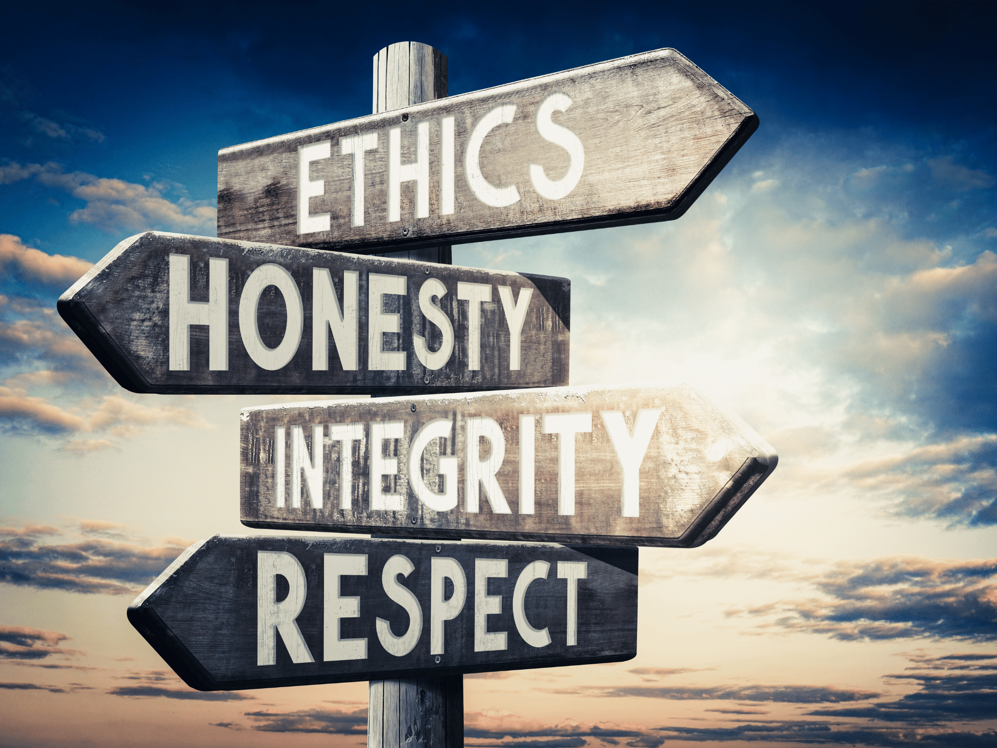 Wooden road sign with arrows stating ethics, honesty, integrity, and respect