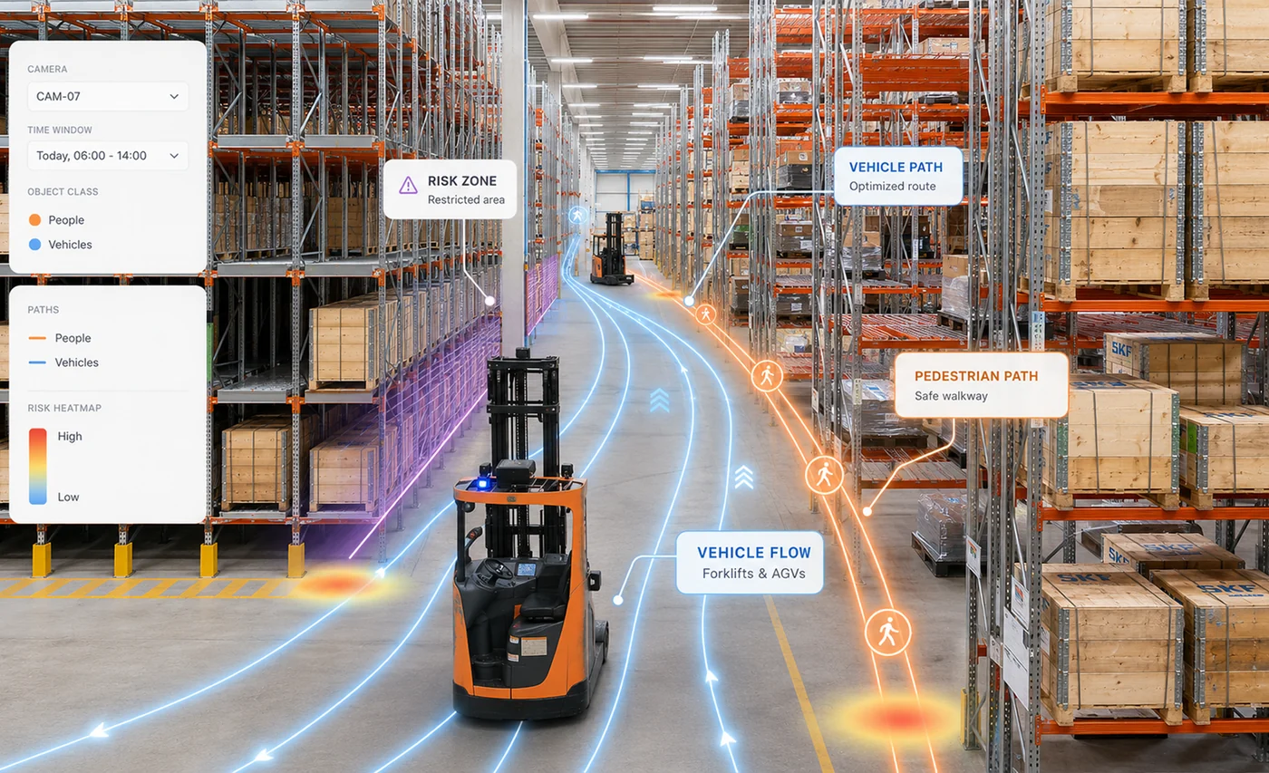 Warehouse aisle with vehicle and pedestrian paths, a restricted zone and risk hot spots