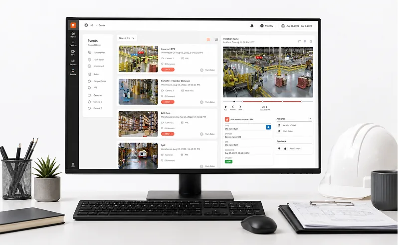 Desk monitor showing a live feed of safety events