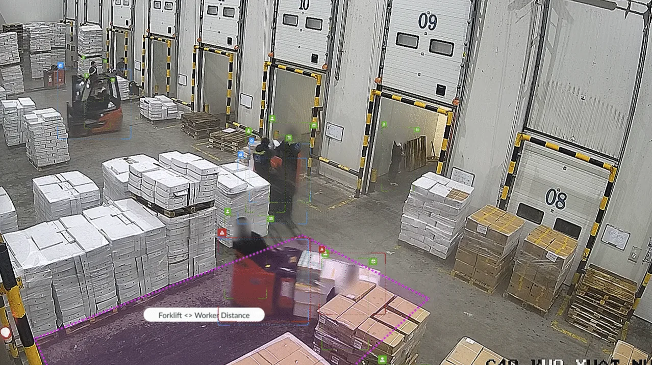 Forklift approaching a pedestrian between dock doors