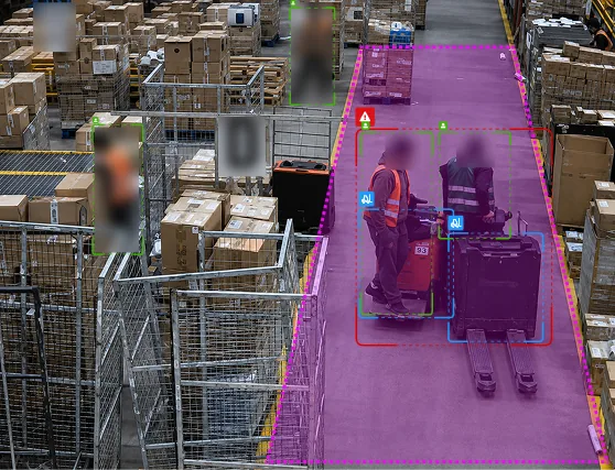 Warehouse floor with a restricted zone and a forklift inside it