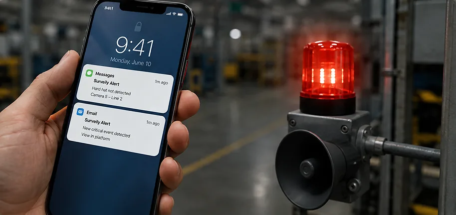 Phone showing Surveily alert notifications next to a red warning beacon
